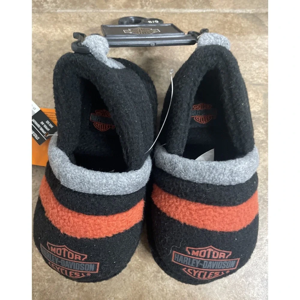 Harley-Davidson Boys Fleece Slippers Black Orange Logo House Shoes Size 8/9